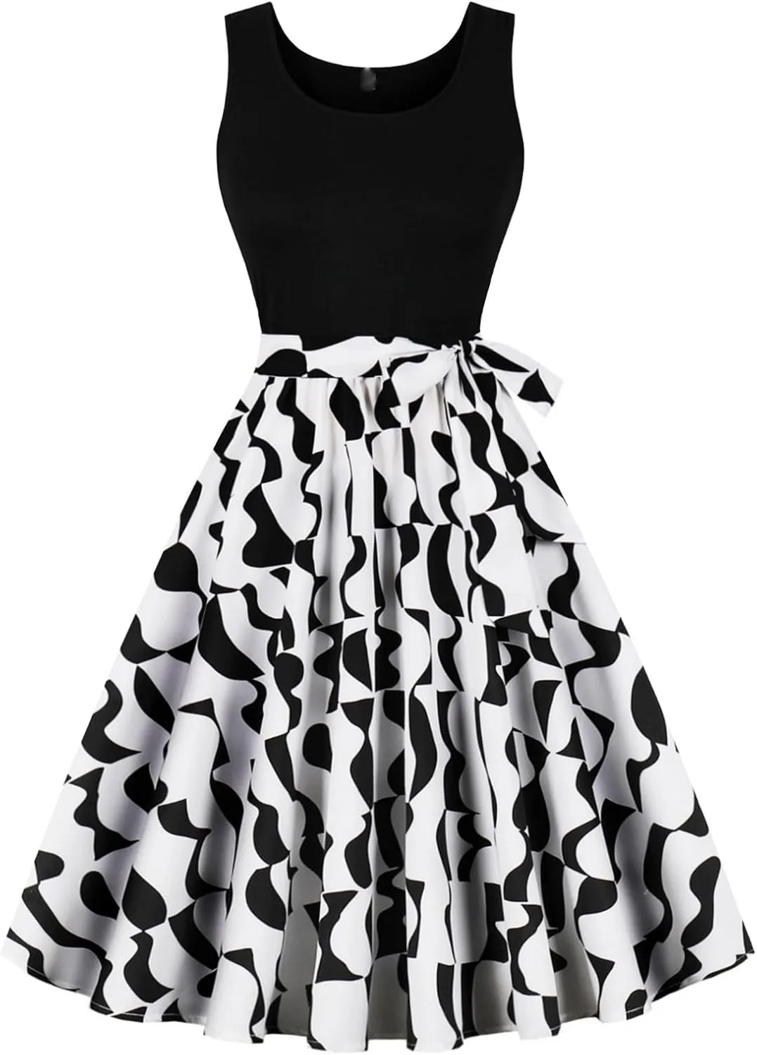 Women's Retro Sleeveless Crewneck Sundress Audrey Hepburn Style Cocktail Dress Patchwork Print A-Line Swing Dress
