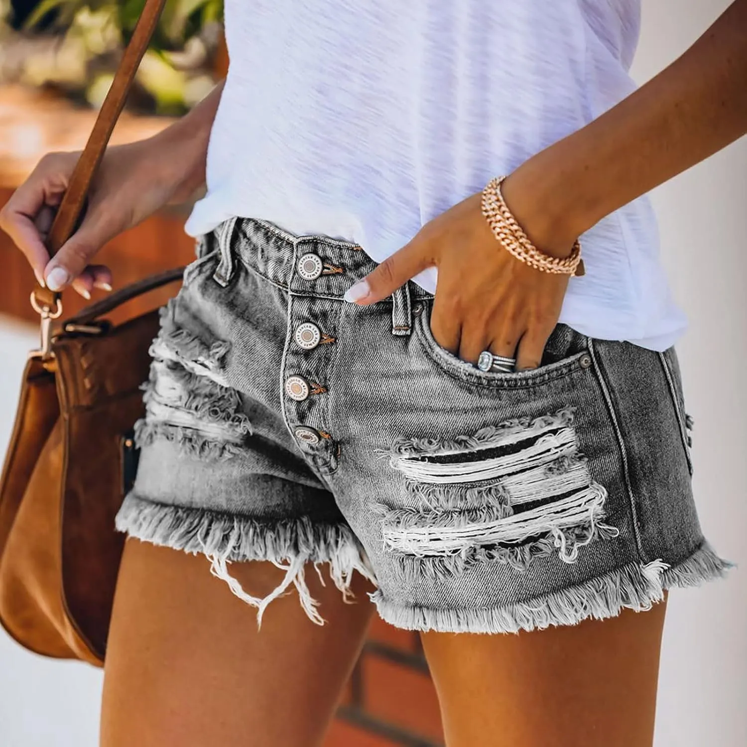 Women's Ripped Denim Shorts High Waisted Jean Shorts Women Frayed Raw Hem Casual Jeans Booty Button Shorts