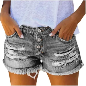 Women's Ripped Denim Shorts High Waisted Jean Shorts Women Frayed Raw Hem Casual Jeans Booty Button Shorts