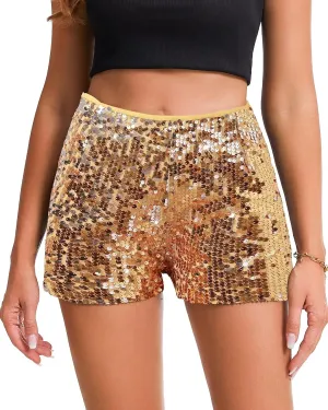 Womens Sequins Shorts A Line High Waist Elastic Sparkly Night-Out Shorts Clubwear Party Short