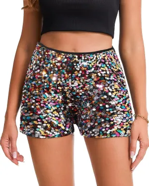 Womens Sequins Shorts A Line High Waist Elastic Sparkly Night-Out Shorts Clubwear Party Short