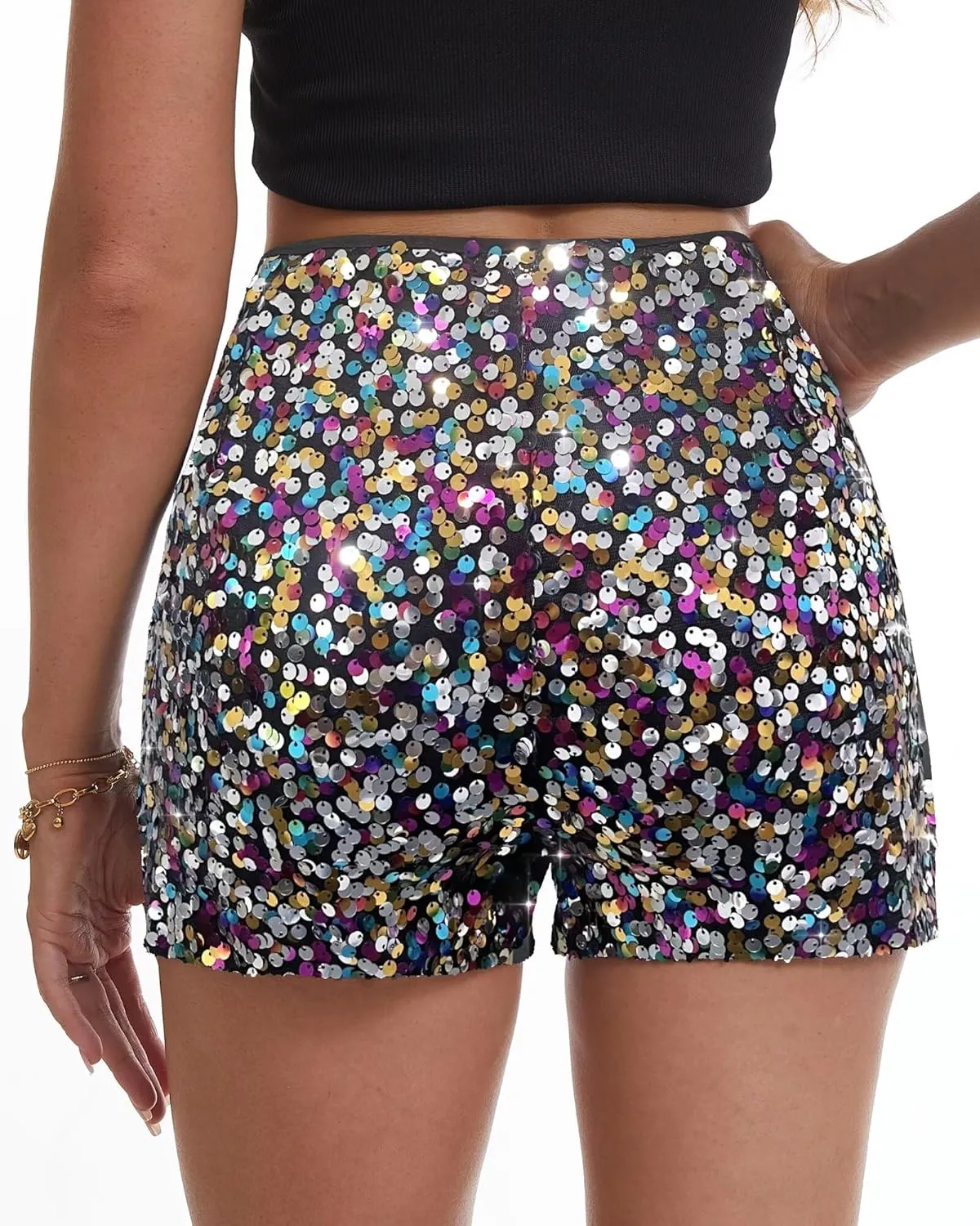 Womens Sequins Shorts A Line High Waist Elastic Sparkly Night-Out Shorts Clubwear Party Short