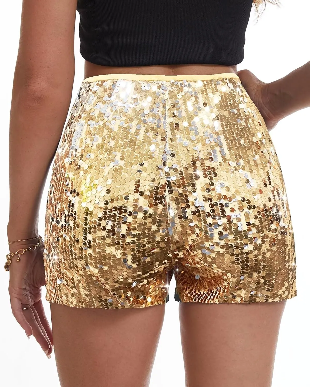 Womens Sequins Shorts A Line High Waist Elastic Sparkly Night-Out Shorts Clubwear Party Short