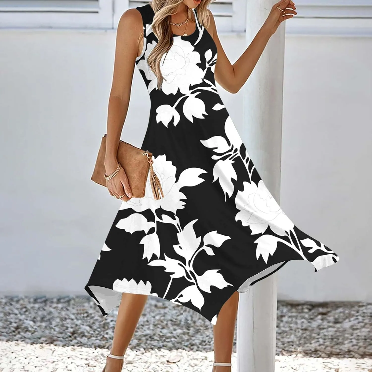Womens Sexy Spaghetti Straps Summer Dresses A Line Floral Printed Casual Dress Beach Vocation Dresses