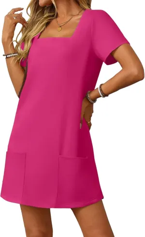 Women's Sexy Square Neck Sundresses Casual Summer Short Sleeve A Line Dresses Athletic Tennis Mini Dress