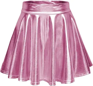 Women's Shiny Flared Pleated Mini Skater Skirt High Waist Dancing Skirt Pleated Skirt Cute