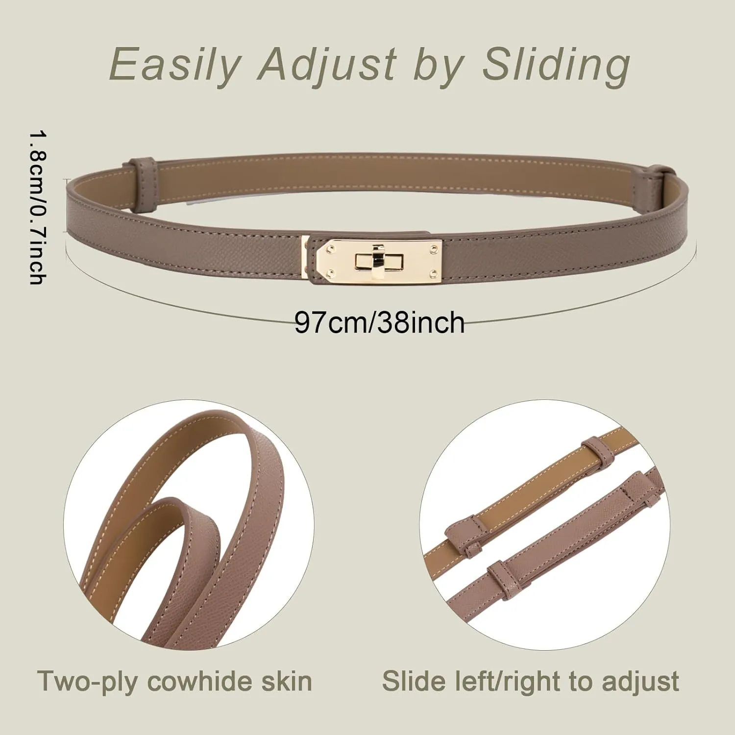 Women's Skinny Belt with Turn-Lock Buckle, Adjustable Women Leather Belt for Dresses, Jeans, Coats