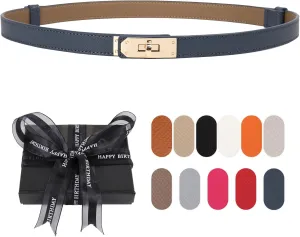 Women's Skinny Belt with Turn-Lock Buckle, Adjustable Women Leather Belt for Dresses, Jeans, Coats