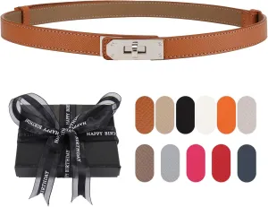Women's Skinny Belt with Turn-Lock Buckle, Adjustable Women Leather Belt for Dresses, Jeans, Coats