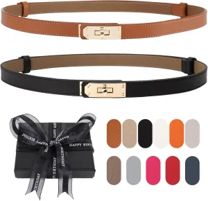 Women's Skinny Belt with Turn-Lock Buckle, Adjustable Women Leather Belt for Dresses, Jeans, Coats