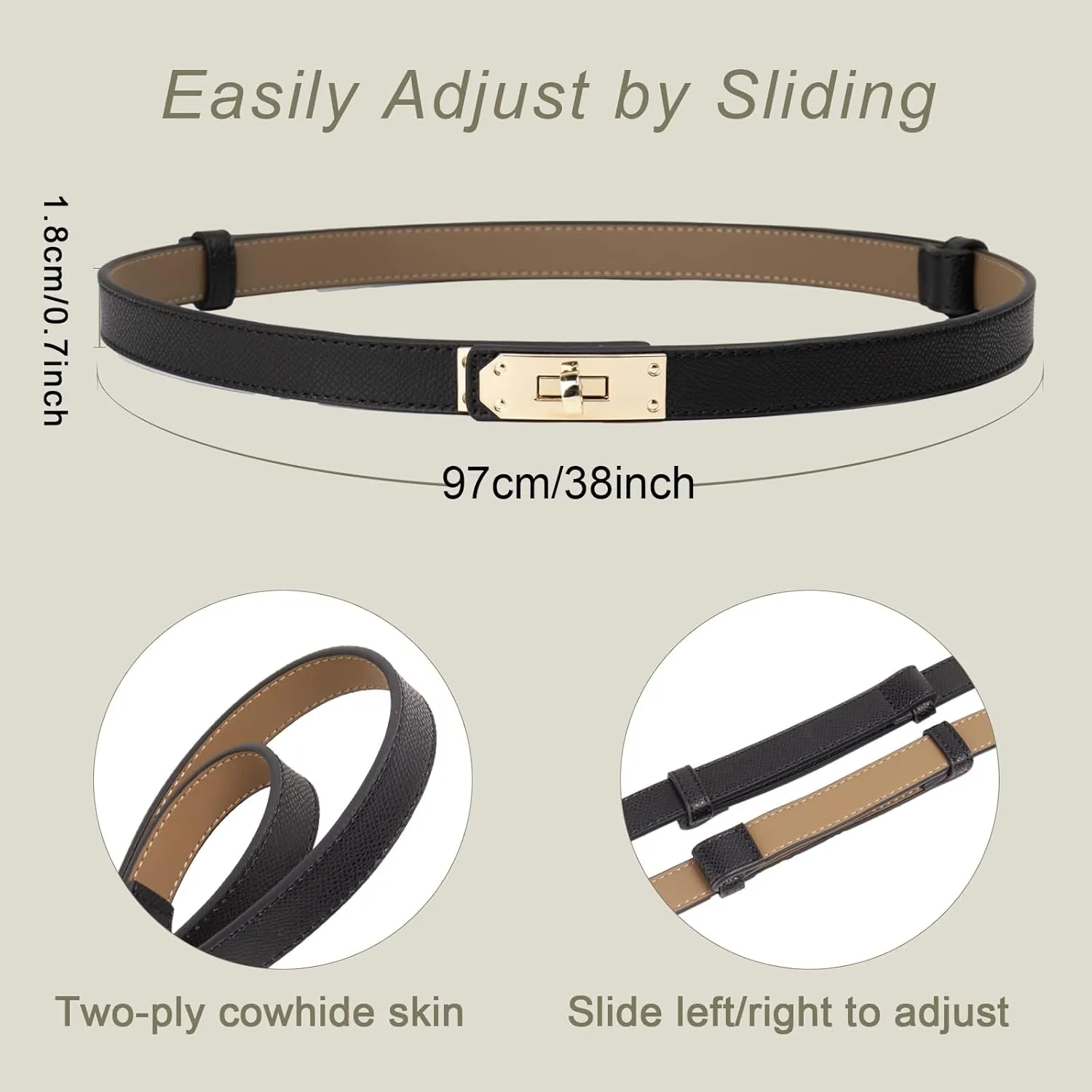 Women's Skinny Belt with Turn-Lock Buckle, Adjustable Women Leather Belt for Dresses, Jeans, Coats