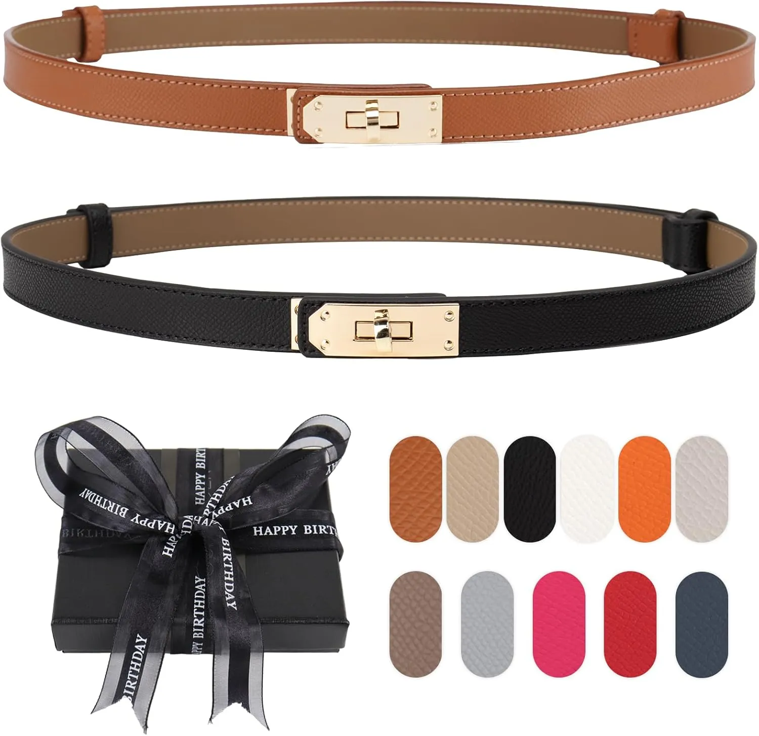 Women's Skinny Belt with Turn-Lock Buckle, Adjustable Women Leather Belt for Dresses, Jeans, Coats
