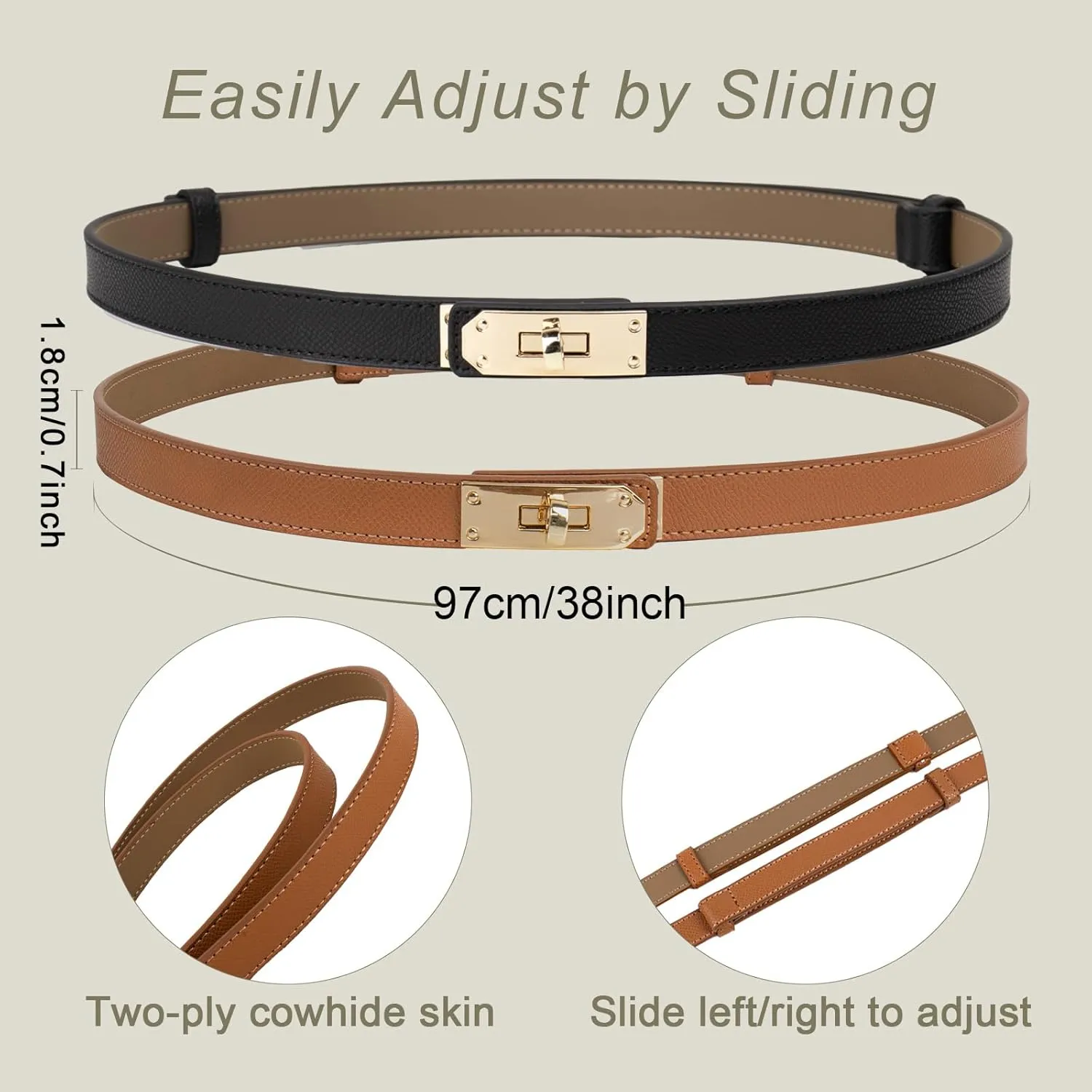 Women's Skinny Belt with Turn-Lock Buckle, Adjustable Women Leather Belt for Dresses, Jeans, Coats