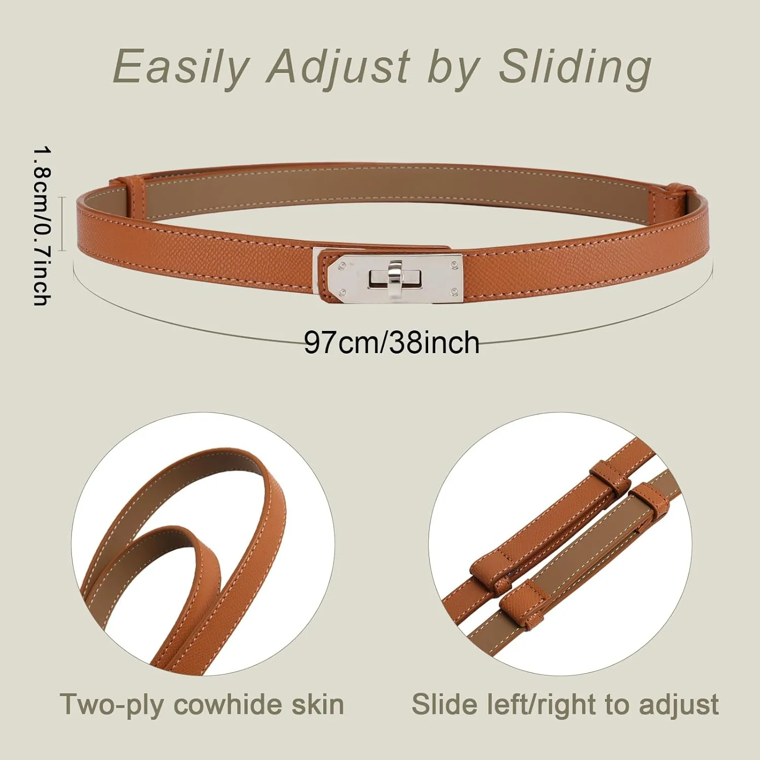 Women's Skinny Belt with Turn-Lock Buckle, Adjustable Women Leather Belt for Dresses, Jeans, Coats
