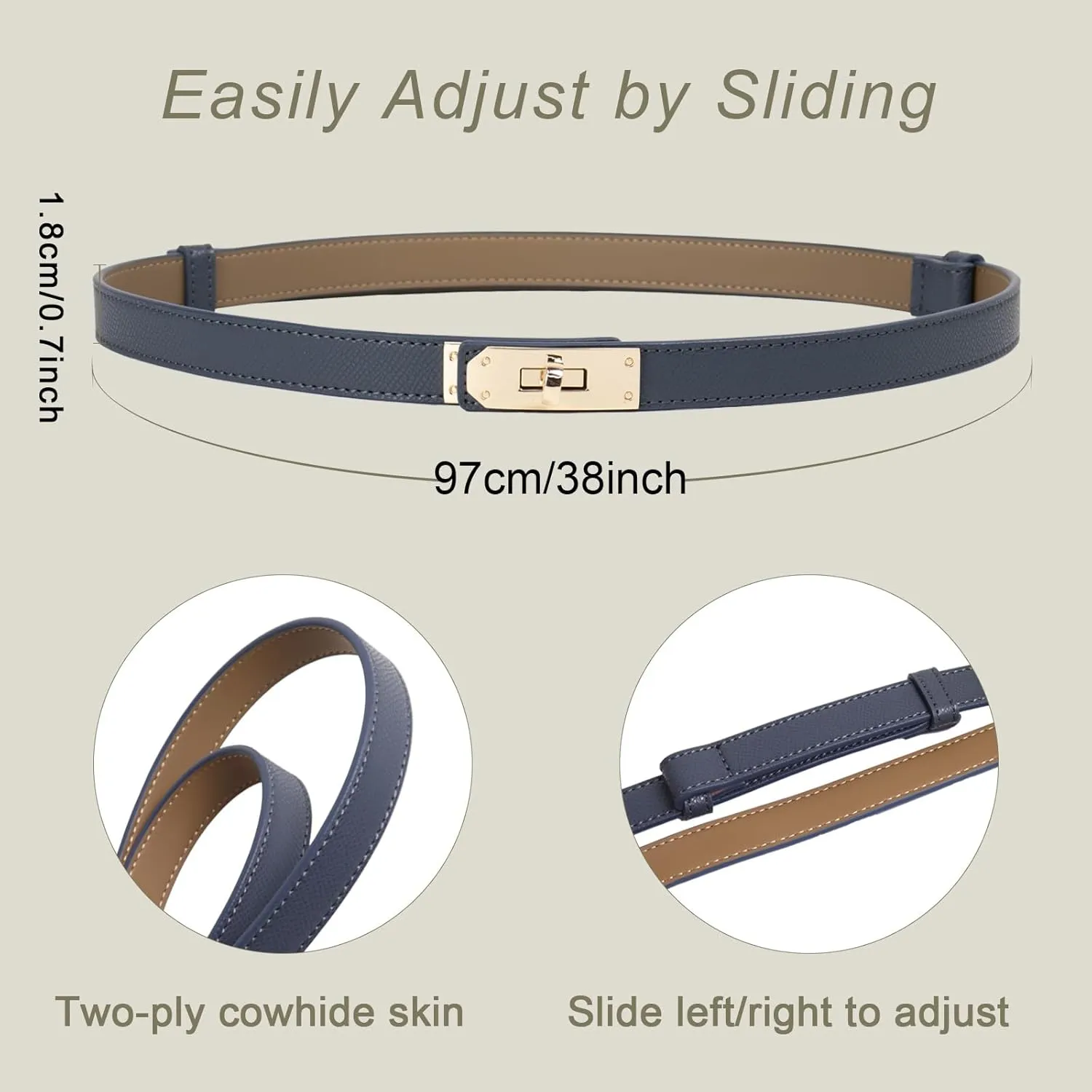 Women's Skinny Belt with Turn-Lock Buckle, Adjustable Women Leather Belt for Dresses, Jeans, Coats