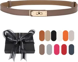 Women's Skinny Belt with Turn-Lock Buckle, Adjustable Women Leather Belt for Dresses, Jeans, Coats