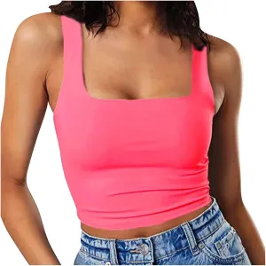 Women's Sleeveless Square Neck Sports Tank, Summer Elastic Slim Fit Athletic Workout Crop Cami Comfy Breathable Tops