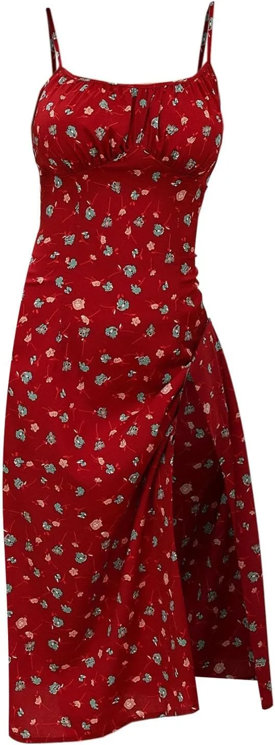 Women's Spaghetti Strap Dress 2025 Floral Printed Sexy Slit Waisted Skirts Pleats Flowing Summer Dresses for Women 2025
