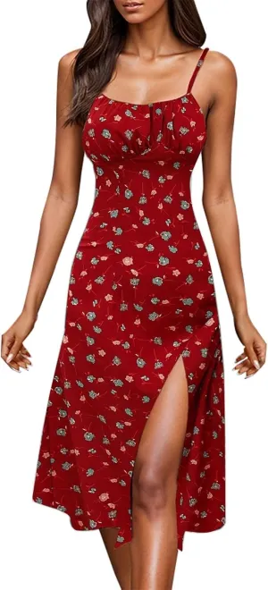 Women's Spaghetti Strap Dress 2025 Floral Printed Sexy Slit Waisted Skirts Pleats Flowing Summer Dresses for Women 2025