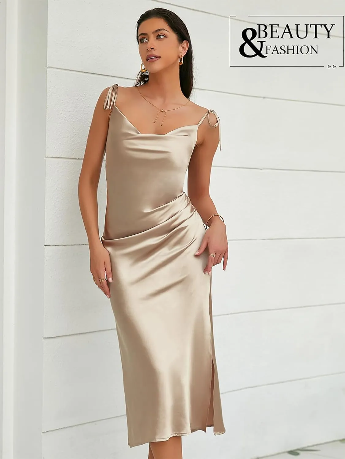 Women's Spaghetti Strap Midi Satin Slik Dress Cowl Neck Elegant Long Slip Ruched Evening Dress Party Cocktail