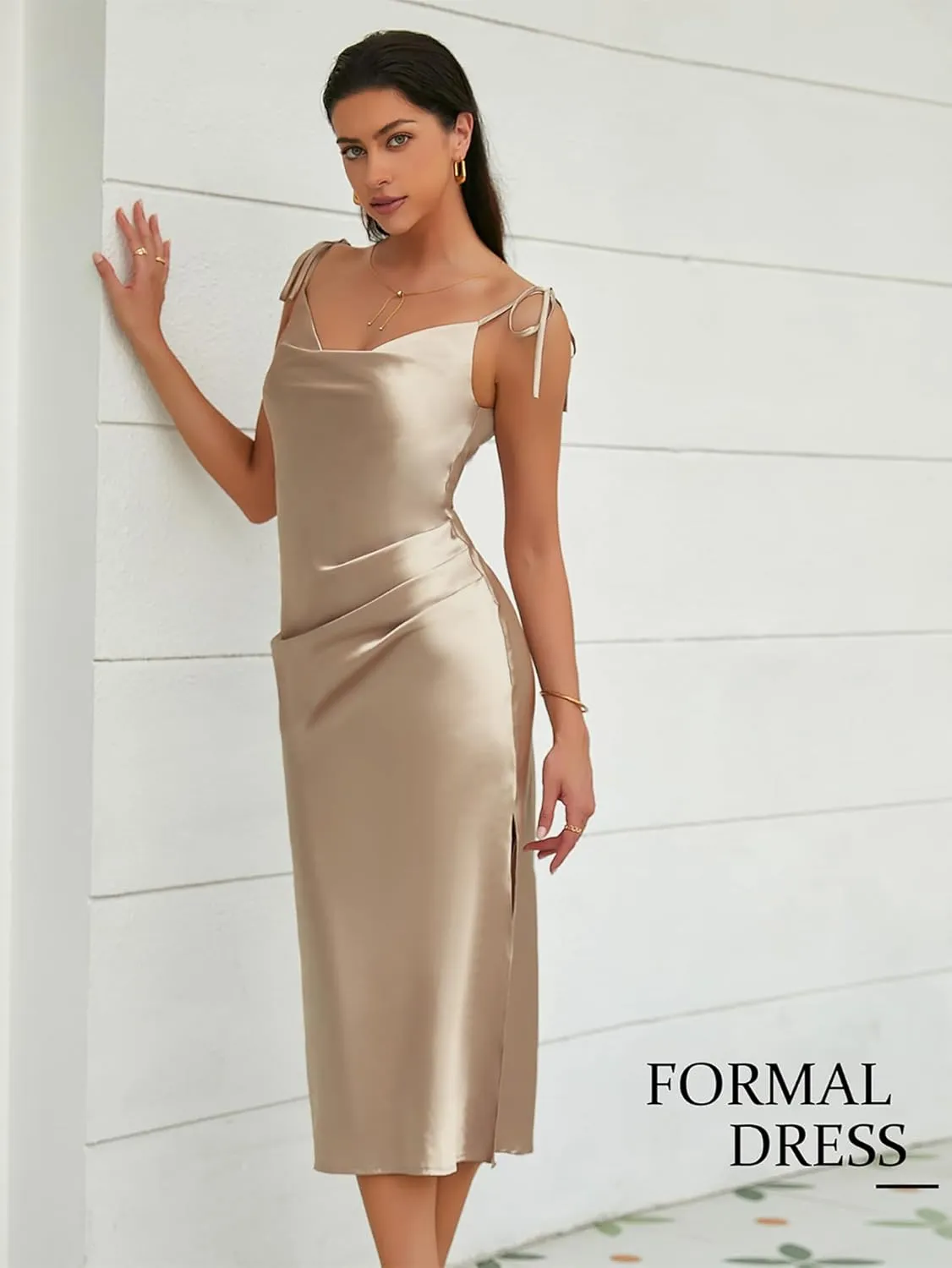 Women's Spaghetti Strap Midi Satin Slik Dress Cowl Neck Elegant Long Slip Ruched Evening Dress Party Cocktail