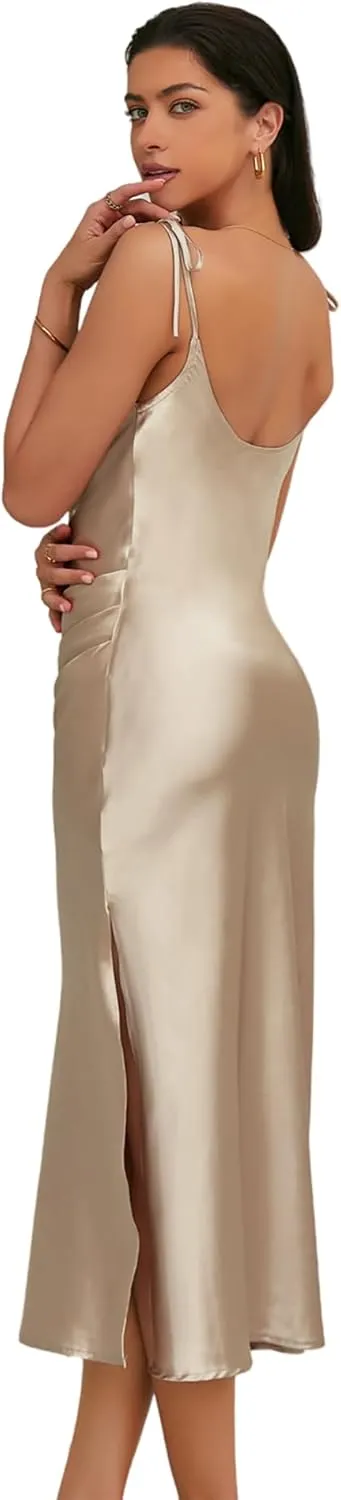 Women's Spaghetti Strap Midi Satin Slik Dress Cowl Neck Elegant Long Slip Ruched Evening Dress Party Cocktail