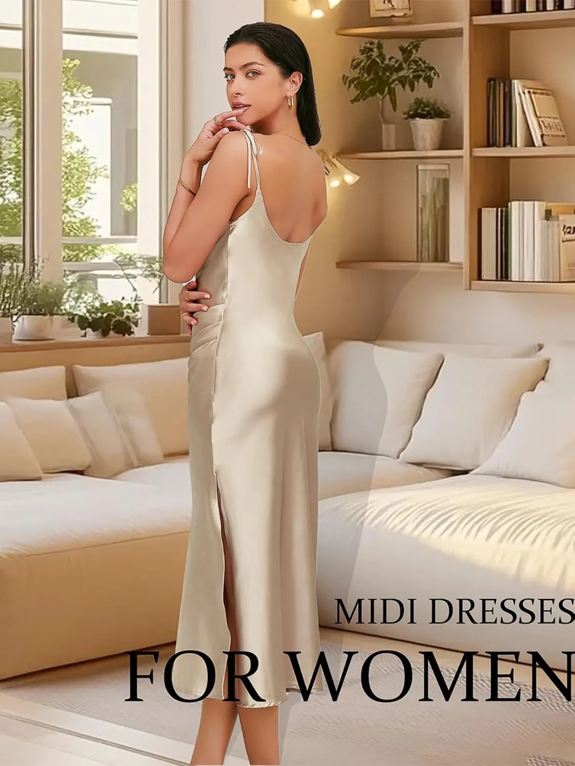 Women's Spaghetti Strap Midi Satin Slik Dress Cowl Neck Elegant Long Slip Ruched Evening Dress Party Cocktail