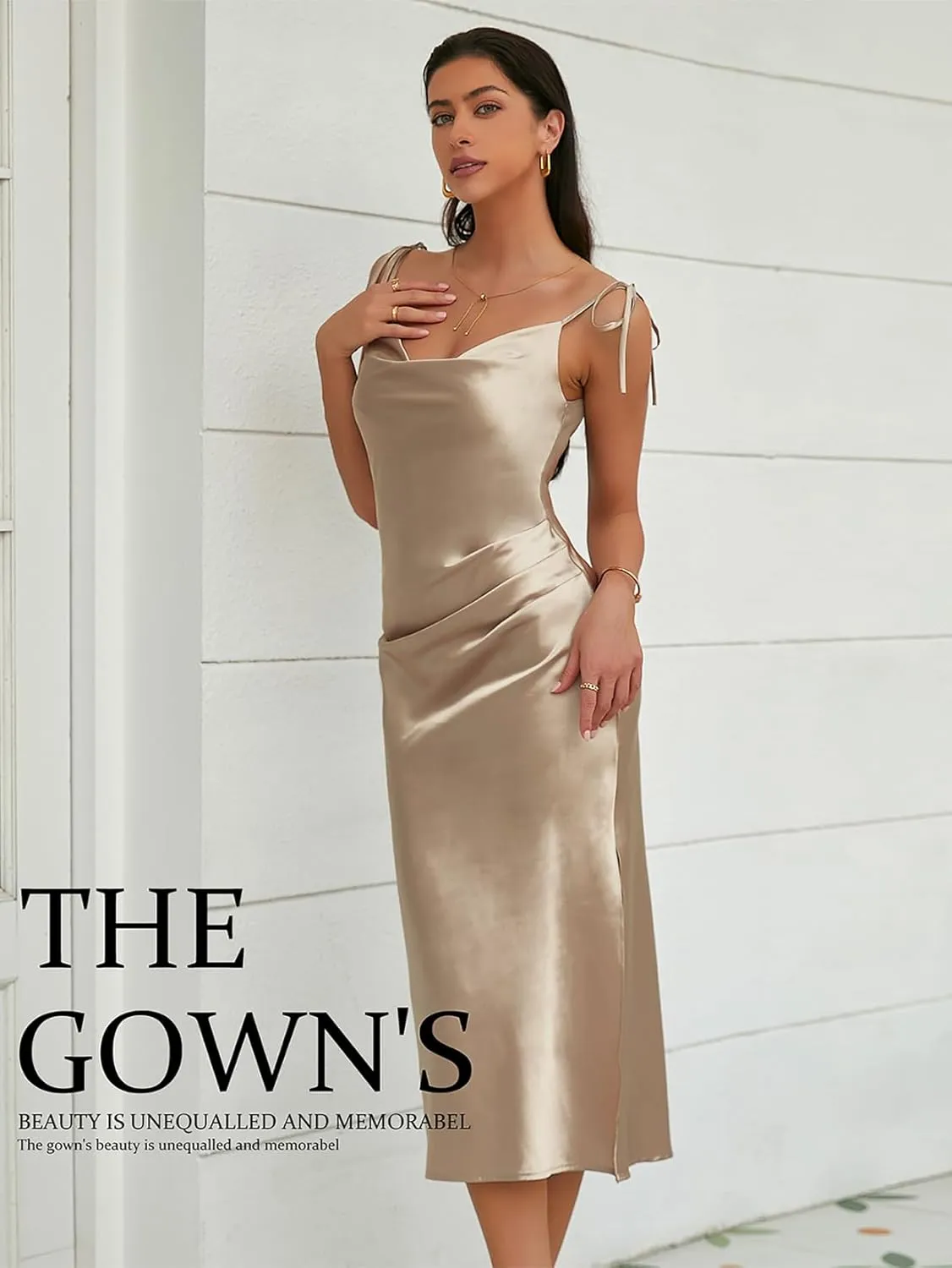 Women's Spaghetti Strap Midi Satin Slik Dress Cowl Neck Elegant Long Slip Ruched Evening Dress Party Cocktail