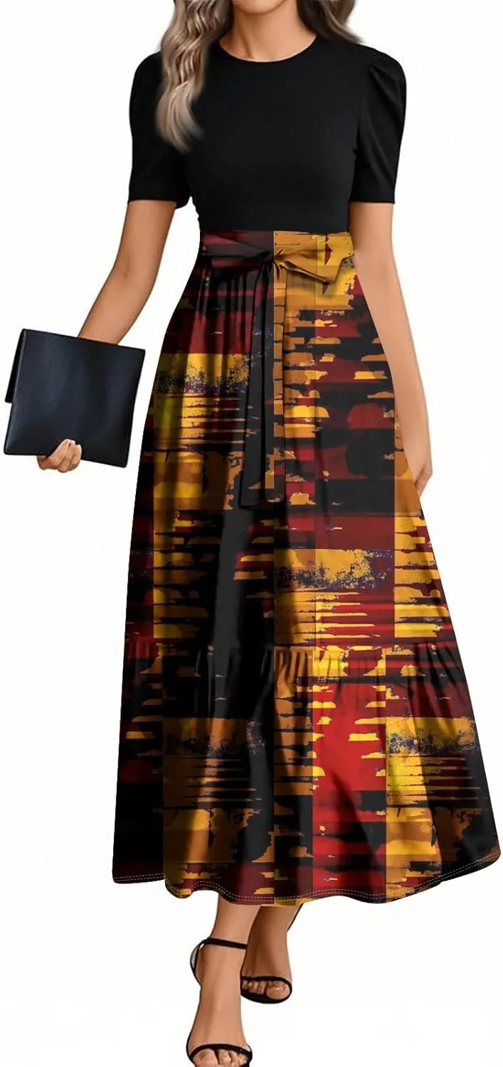 Women's Spring Summer Short Sleeve Cowl Neck Ruched Waist A Line Midi Dresses Party Cocktail Dress