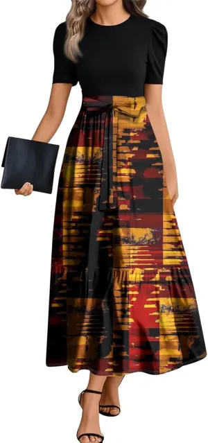 Women's Spring Summer Short Sleeve Cowl Neck Ruched Waist A Line Midi Dresses Party Cocktail Dress