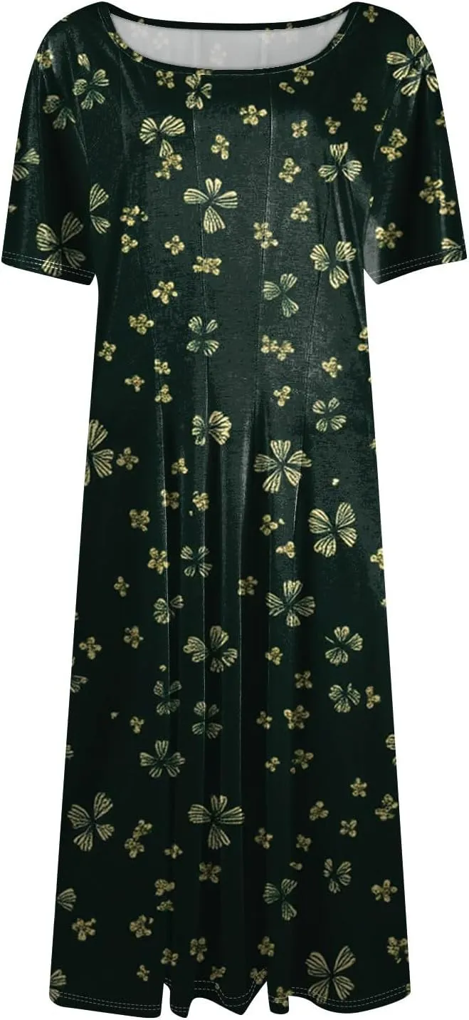 Women's Summer 2025 Midi Dresses Trendy Casual Wrap Floral Printed Crew Neck A Line Dress