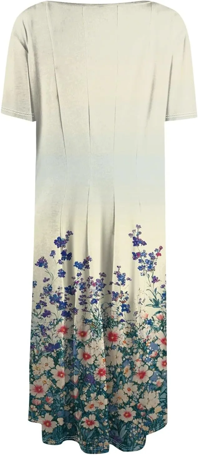 Women's Summer 2025 Midi Dresses Trendy Casual Wrap Floral Printed Crew Neck A Line Dress