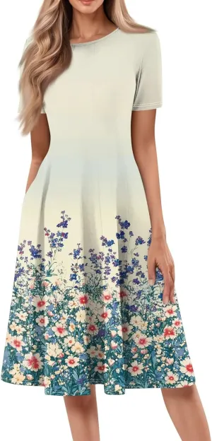 Women's Summer 2025 Midi Dresses Trendy Casual Wrap Floral Printed Crew Neck A Line Dress