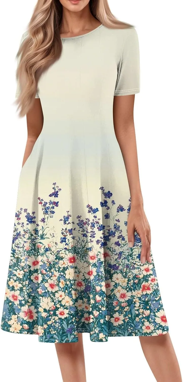 Women's Summer 2025 Midi Dresses Trendy Casual Wrap Floral Printed Crew Neck A Line Dress