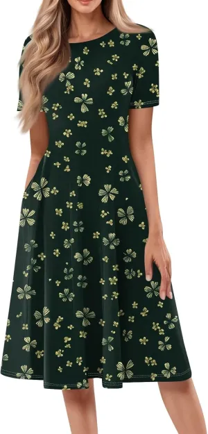 Women's Summer 2025 Midi Dresses Trendy Casual Wrap Floral Printed Crew Neck A Line Dress