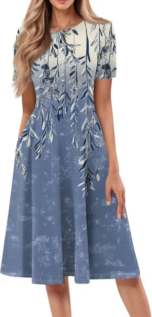 Women's Summer 2025 Midi Dresses Trendy Casual Wrap Floral Printed Crew Neck A Line Dress