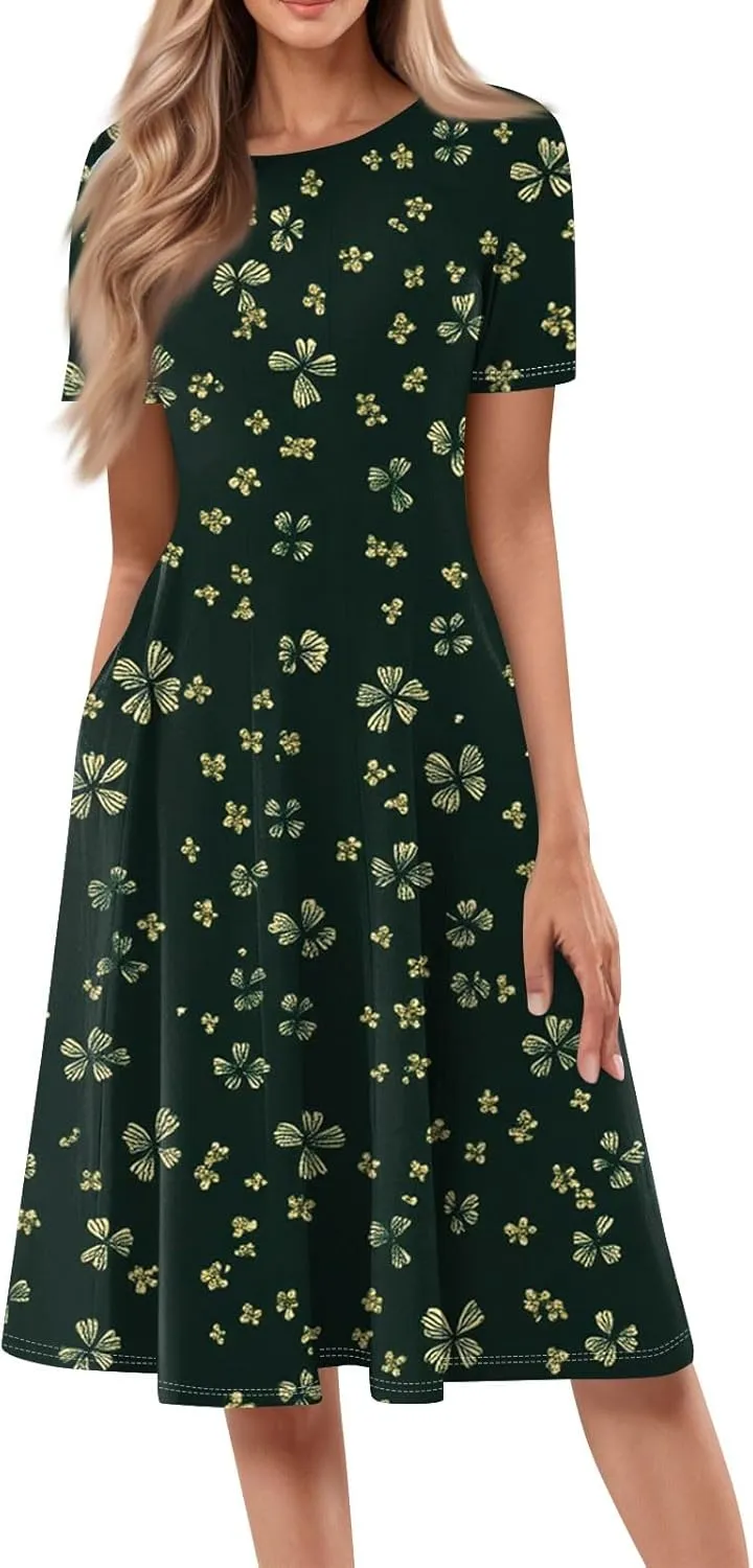 Women's Summer 2025 Midi Dresses Trendy Casual Wrap Floral Printed Crew Neck A Line Dress