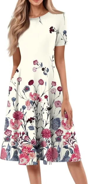 Women's Summer 2025 Midi Dresses Trendy Casual Wrap Floral Printed Crew Neck A Line Dress