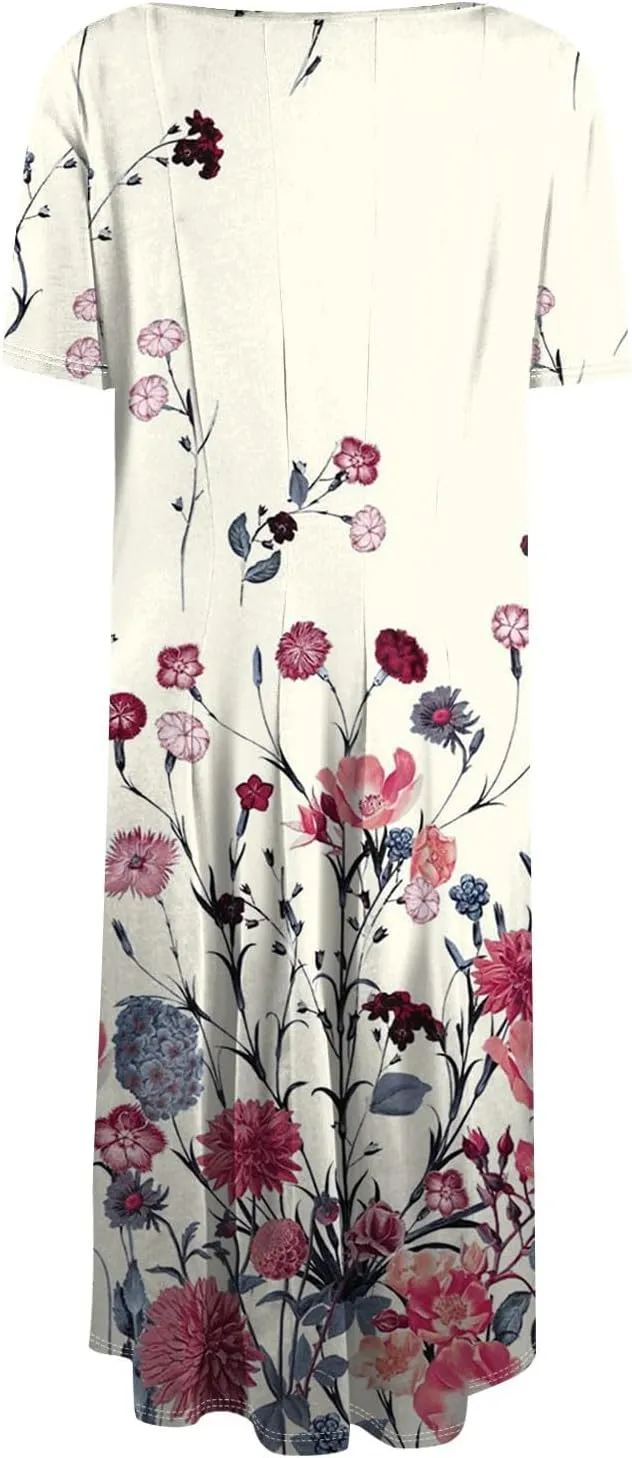 Women's Summer 2025 Midi Dresses Trendy Casual Wrap Floral Printed Crew Neck A Line Dress
