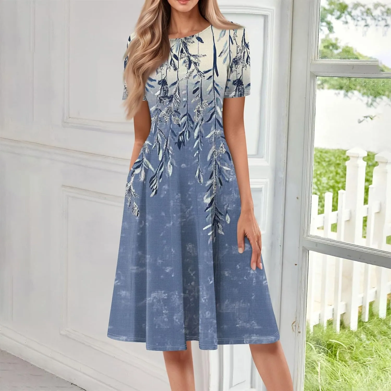 Women's Summer 2025 Midi Dresses Trendy Casual Wrap Floral Printed Crew Neck A Line Dress