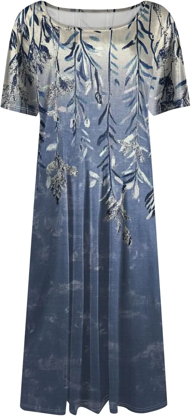 Women's Summer 2025 Midi Dresses Trendy Casual Wrap Floral Printed Crew Neck A Line Dress