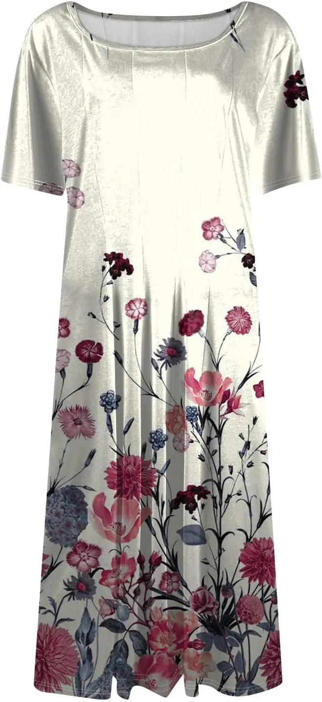 Women's Summer 2025 Midi Dresses Trendy Casual Wrap Floral Printed Crew Neck A Line Dress