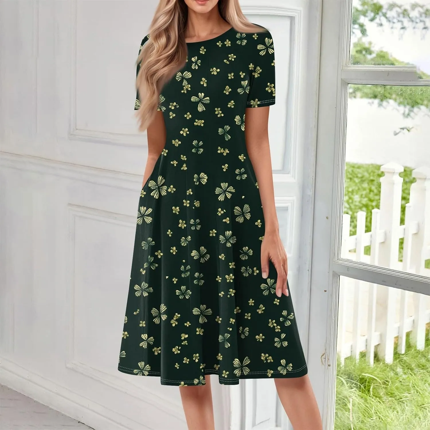 Women's Summer 2025 Midi Dresses Trendy Casual Wrap Floral Printed Crew Neck A Line Dress