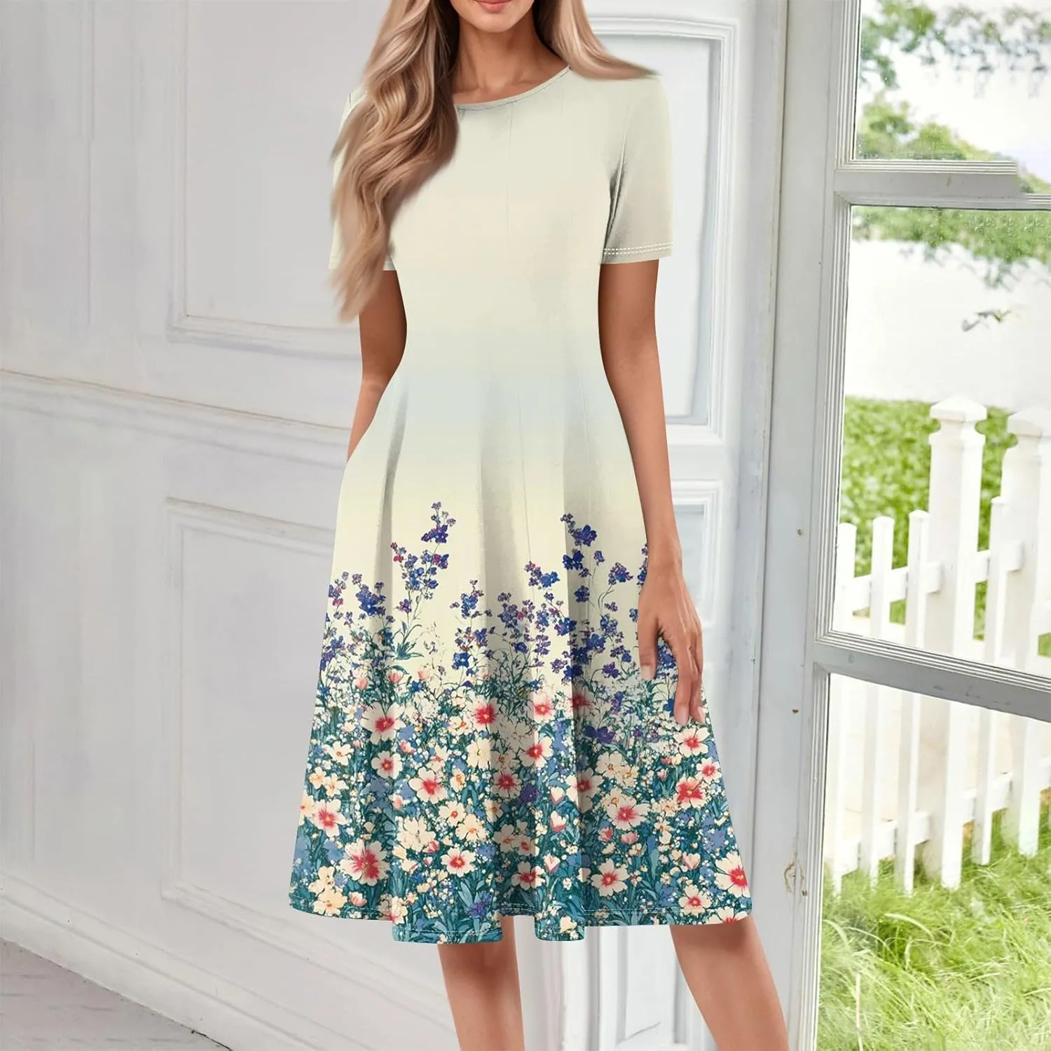 Women's Summer 2025 Midi Dresses Trendy Casual Wrap Floral Printed Crew Neck A Line Dress