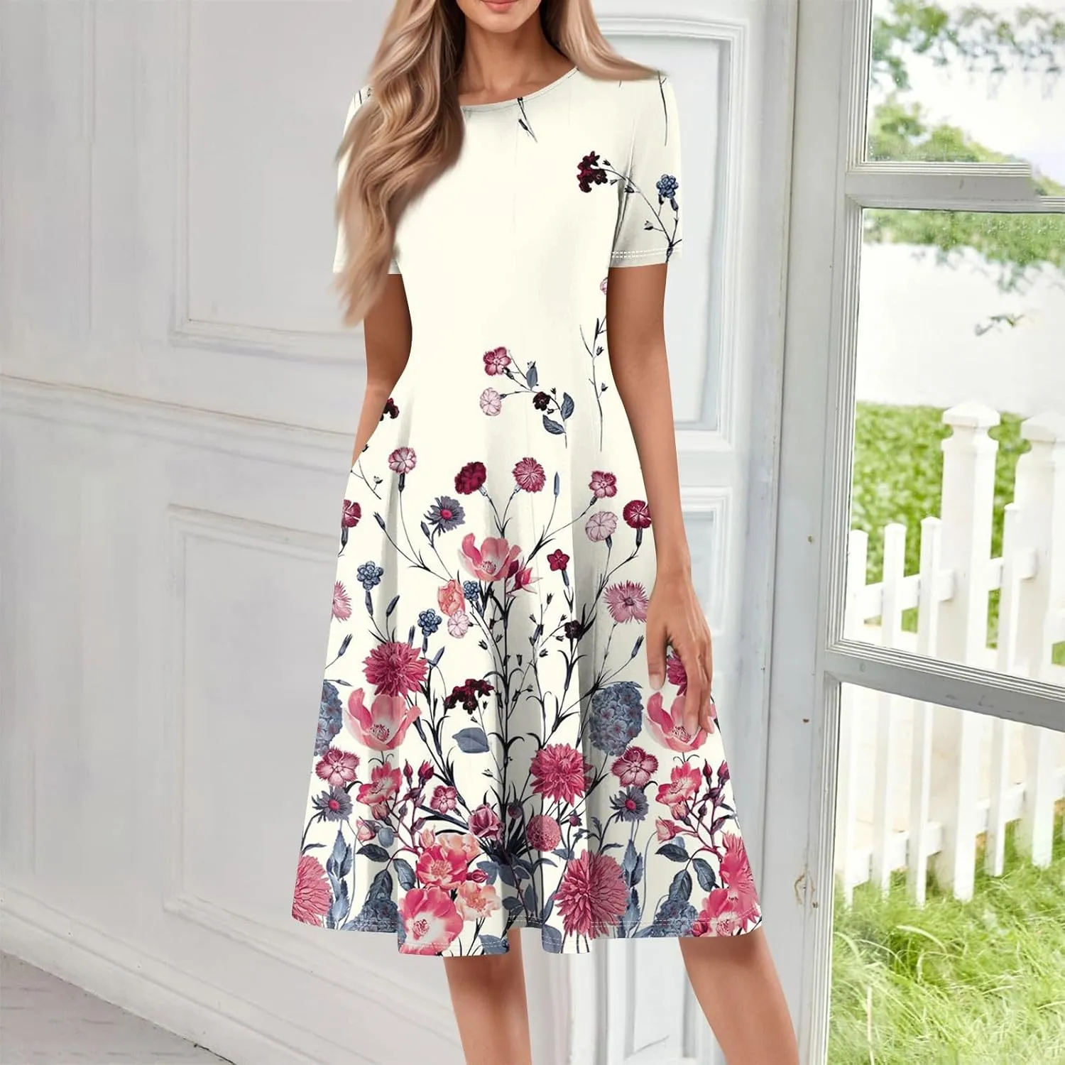Women's Summer 2025 Midi Dresses Trendy Casual Wrap Floral Printed Crew Neck A Line Dress