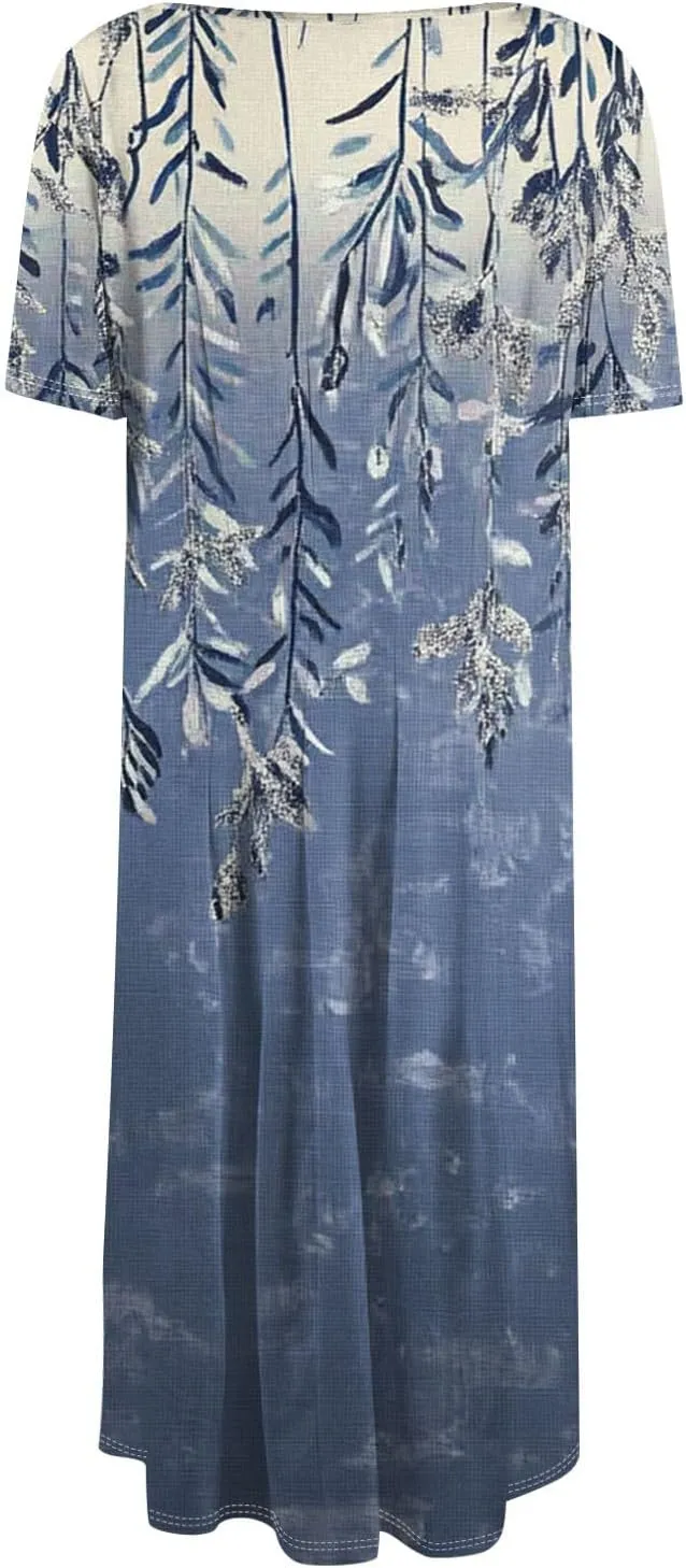 Women's Summer 2025 Midi Dresses Trendy Casual Wrap Floral Printed Crew Neck A Line Dress
