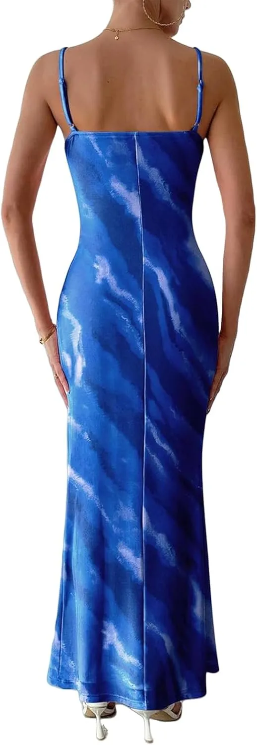 Womens Summer Bodycon Maxi Dress Floral Spaghetti Strap Stretch Dresses Sexy Backless Slip Club Party Long Dress