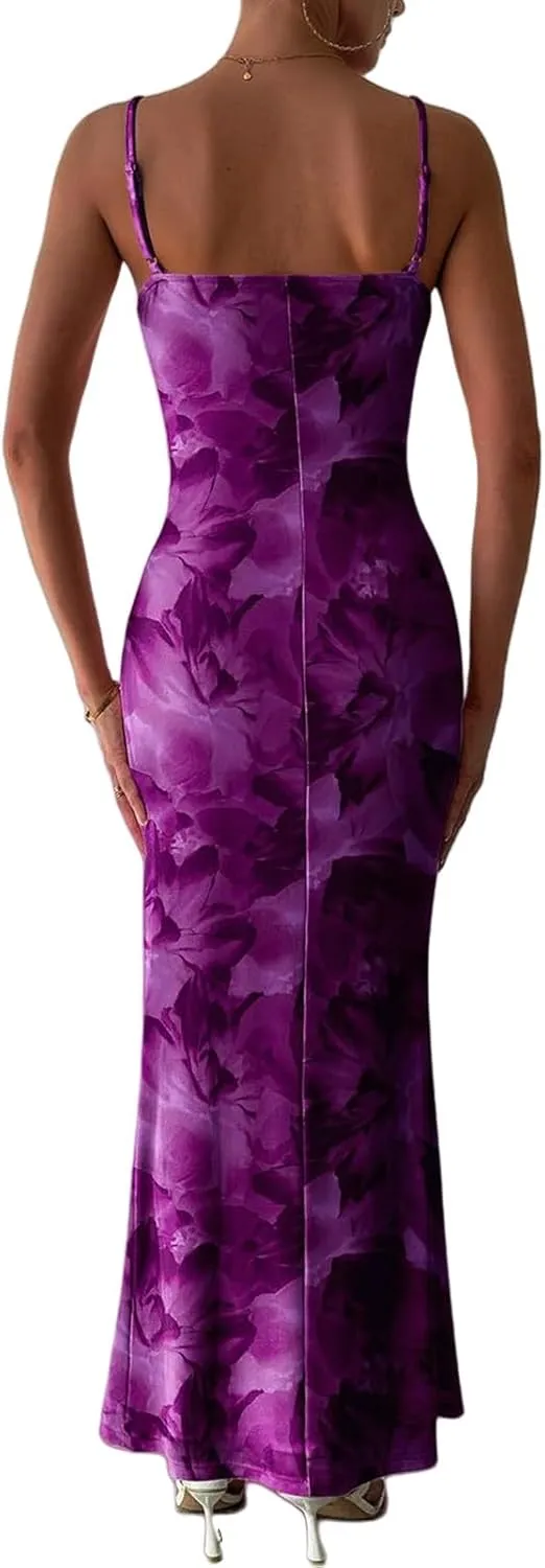 Womens Summer Bodycon Maxi Dress Floral Spaghetti Strap Stretch Dresses Sexy Backless Slip Club Party Long Dress