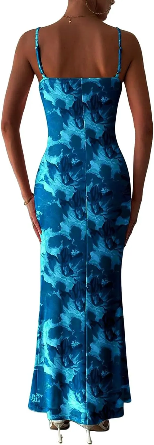 Womens Summer Bodycon Maxi Dress Floral Spaghetti Strap Stretch Dresses Sexy Backless Slip Club Party Long Dress