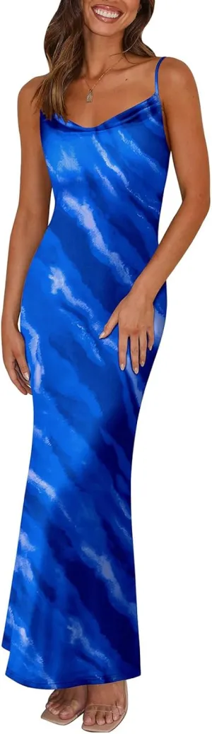 Womens Summer Bodycon Maxi Dress Floral Spaghetti Strap Stretch Dresses Sexy Backless Slip Club Party Long Dress